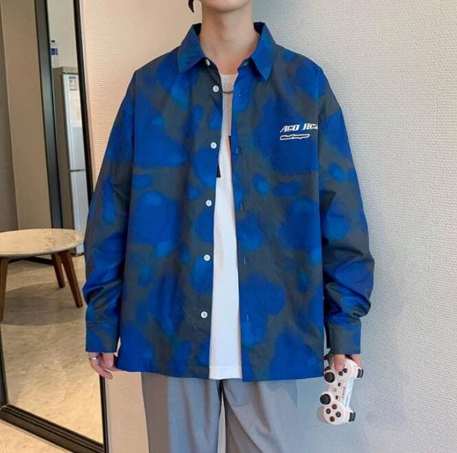シャツ メンズ メンズ 長袖 カジュアルシャツ 青系迷彩柄 復古風