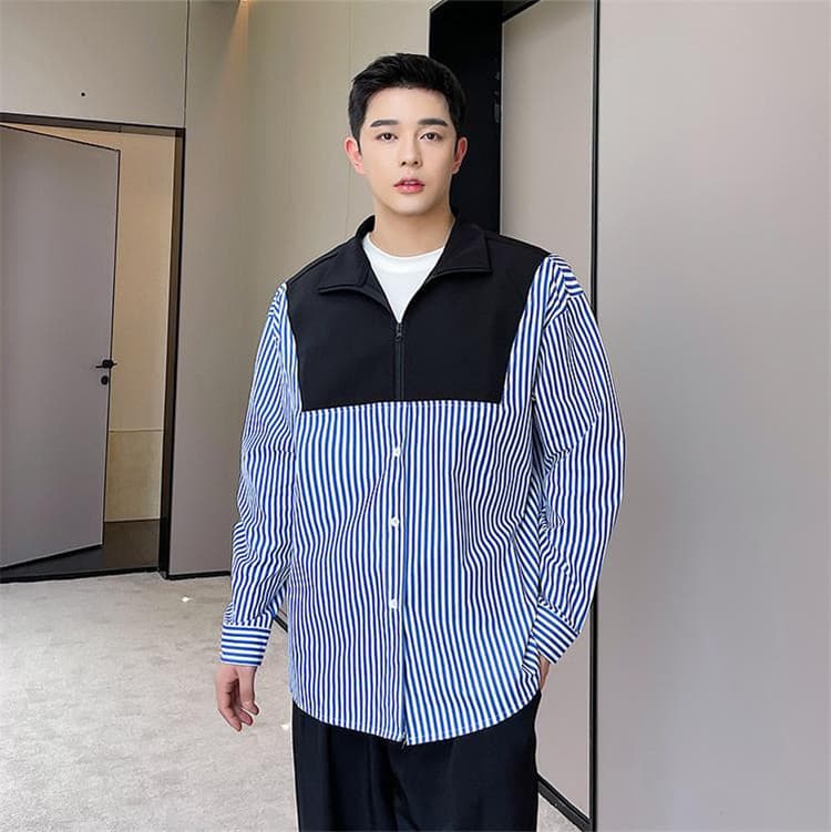シャツ メンズ 韓国風ストライプ切替デザイン柄シャツ 長袖ゆったり