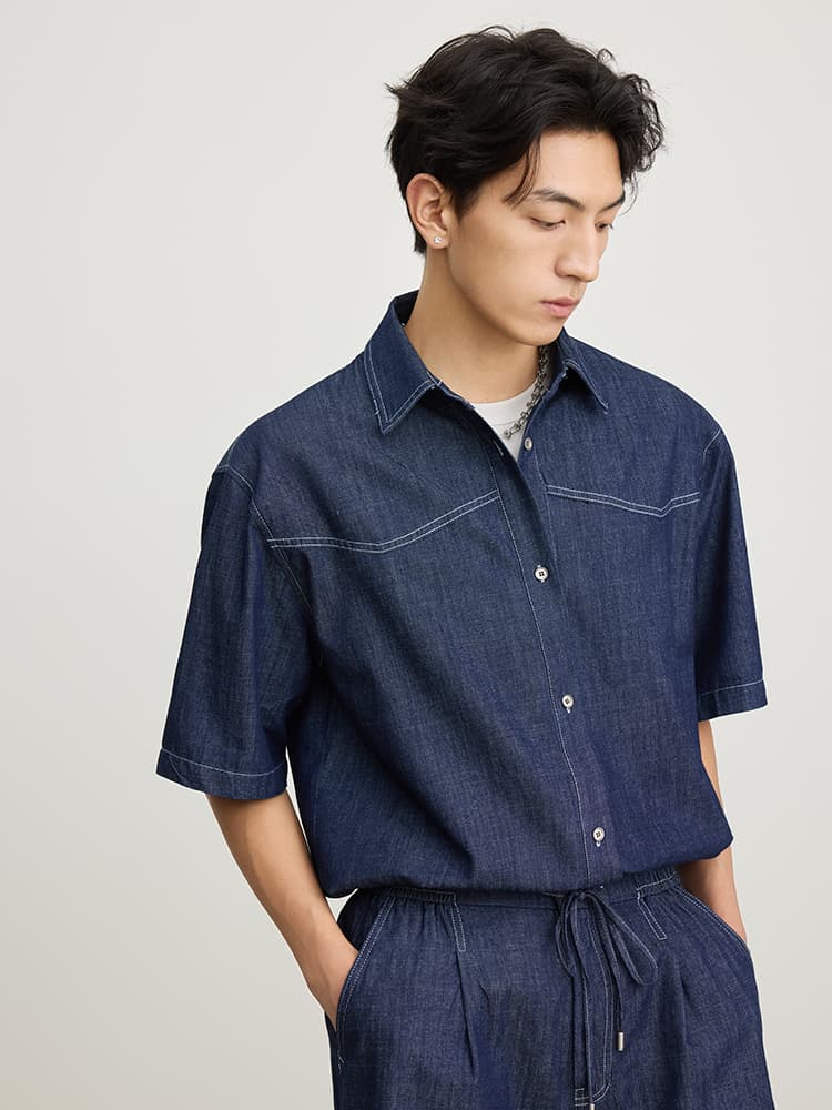 シャツ メンズ デニムシャツ 半袖ウエスタンヨーク デニムシャツ