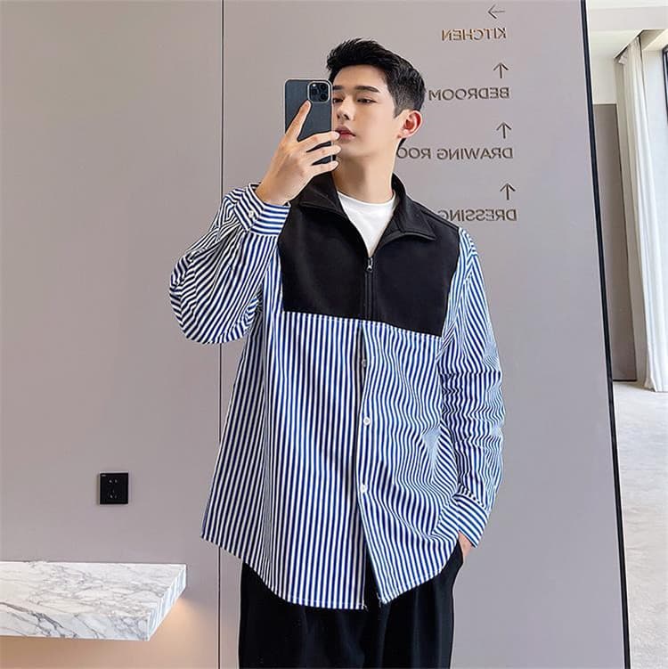 シャツ メンズ 韓国風ストライプ切替デザイン柄シャツ 長袖ゆったり