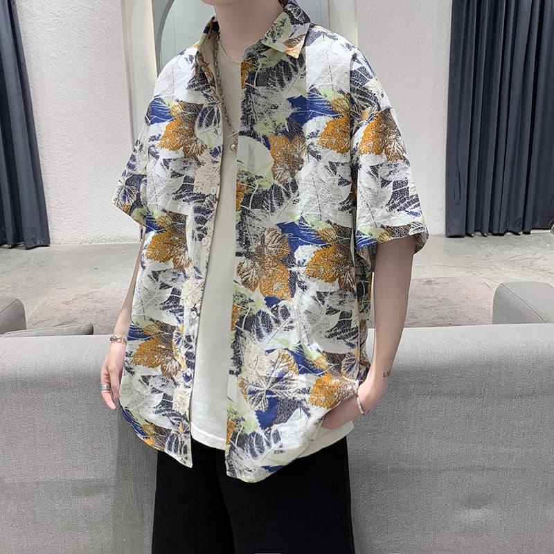 シャツ メンズ 柄シャツ 落ち葉模様の芸術半袖シャツ