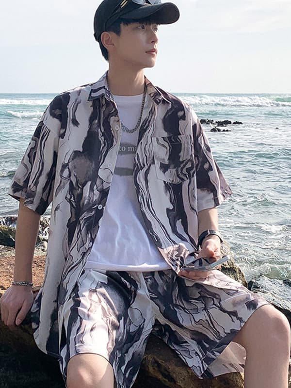 シャツ メンズ 柄シャツ 大理石模様の夏季セットアップシャツ
