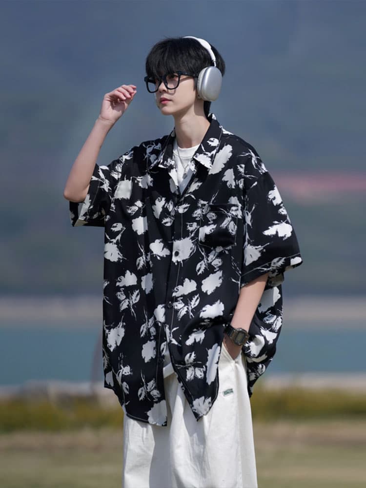 シャツ メンズ アロハシャツ 墨流し花柄オープンカラーアロハシャツ