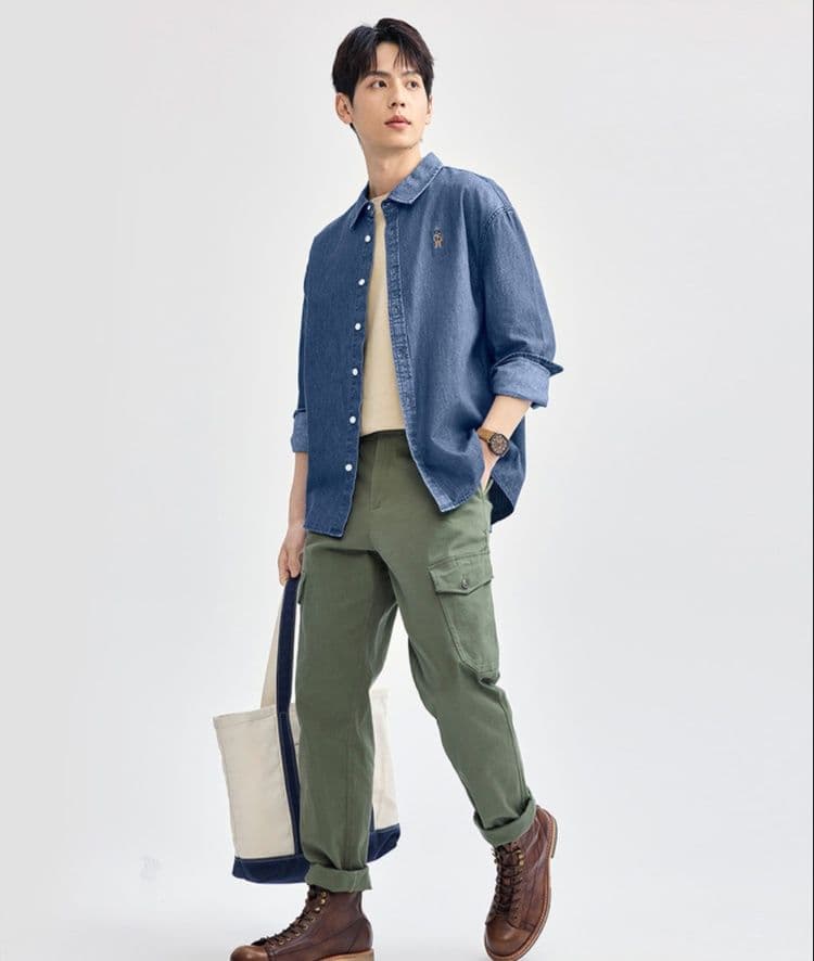 シャツ メンズ デニムシャツ クラシック ワンポイント デニムシャツ