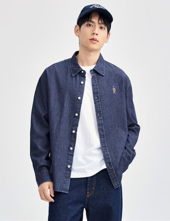 シャツ メンズ デニムシャツ クラシック ワンポイント デニムシャツ