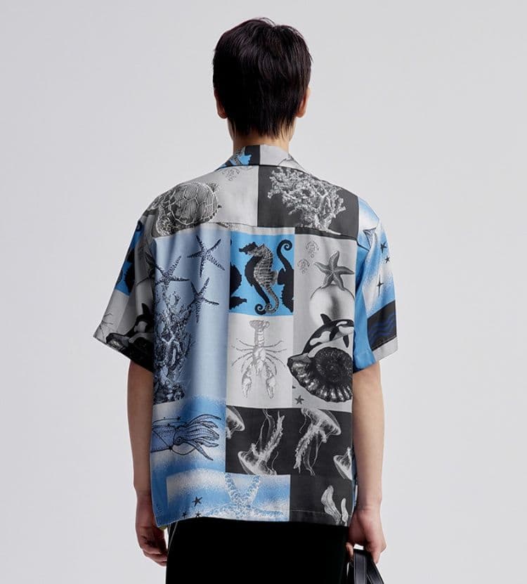 シャツ メンズ 柄シャツ 海洋生物プリント開襟半袖シャツ