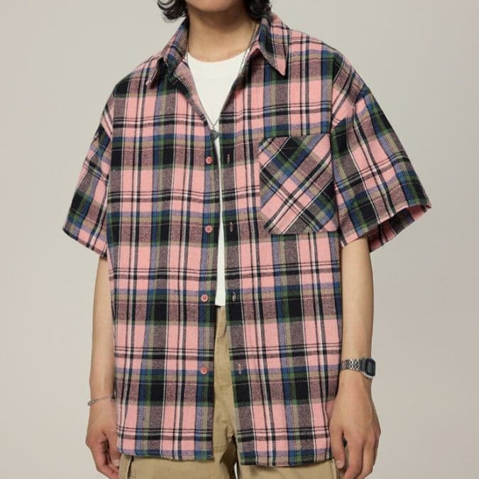 シャツメンズ チェックシャツ ゆったり半袖チェックシャツ