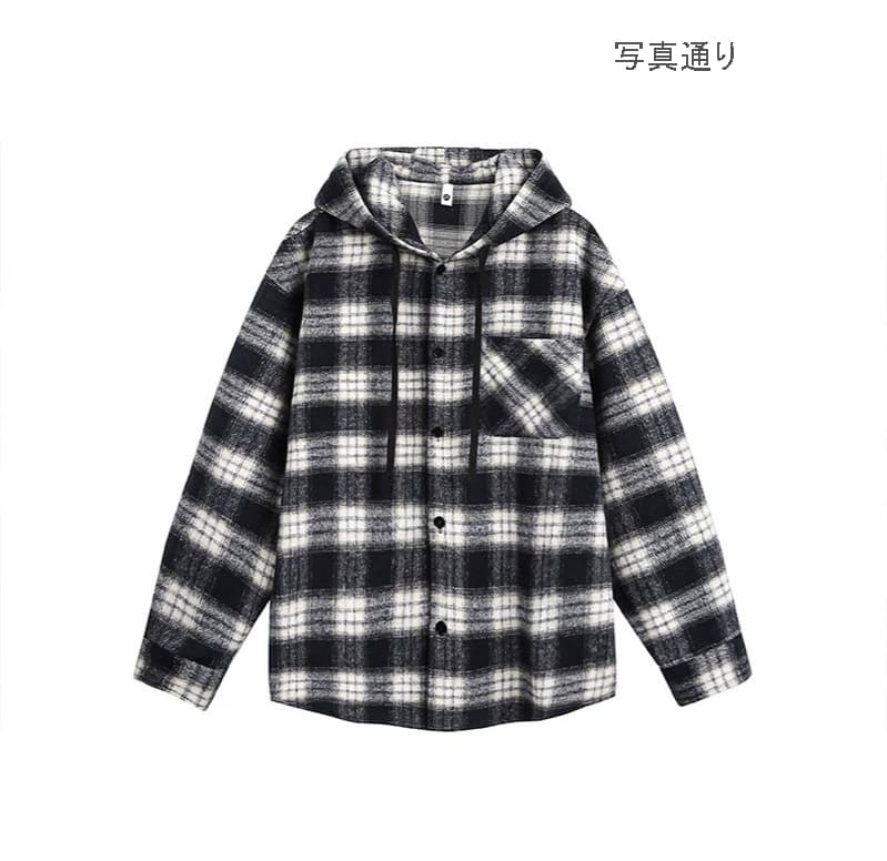 メンズ シャツ メンズ フード付きチェック柄長袖シャツ