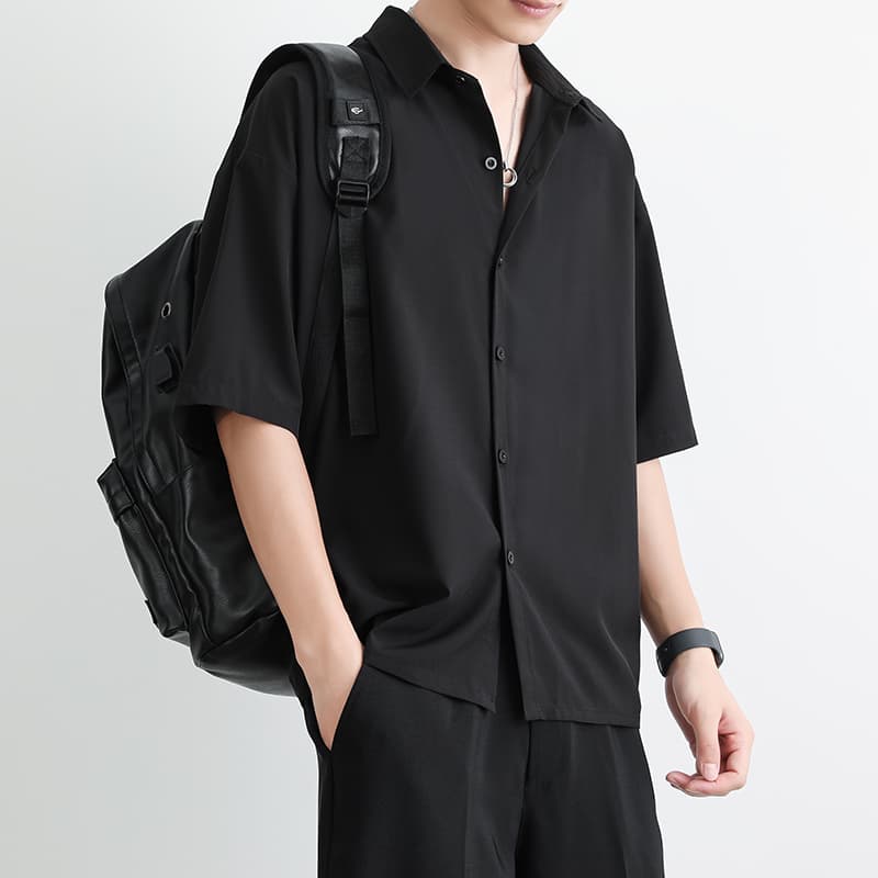 シャツ メンズ 洗練シルエット 半袖スタンドカラーシャツ