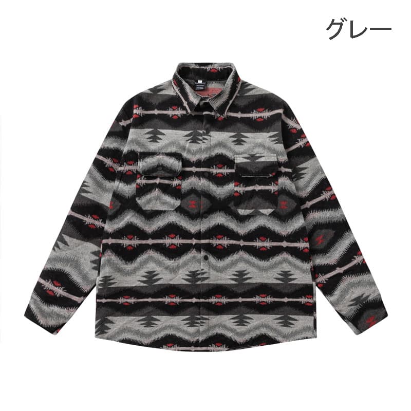 メンズ シャツ メンズ エスニック風長袖柄シャツ 幾何学柄 秋冬新作