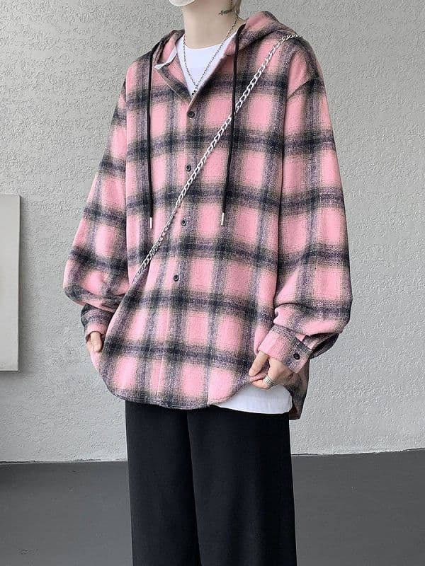メンズ シャツ メンズ フード付きチェック柄長袖シャツ