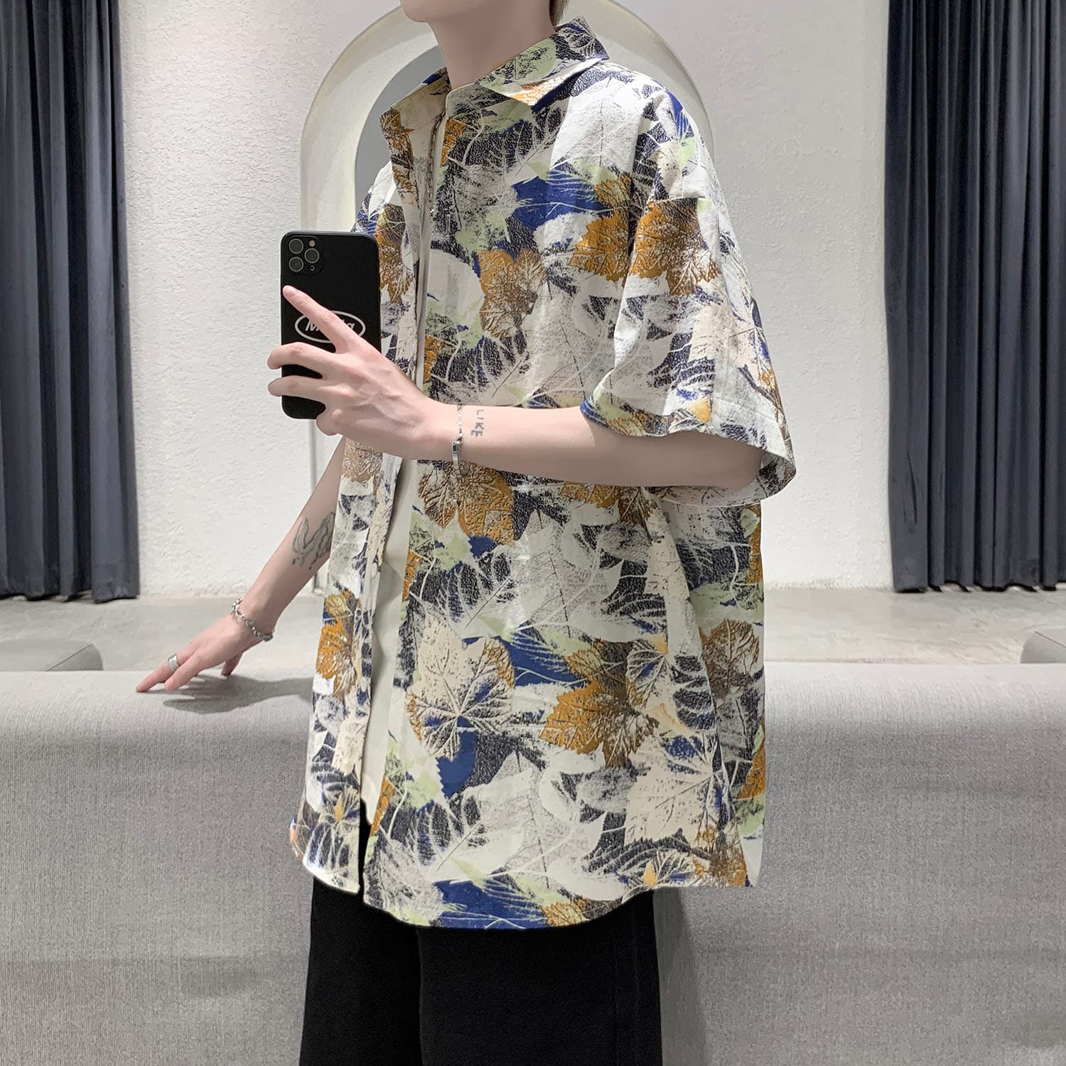 シャツ メンズ 柄シャツ 落ち葉模様の芸術半袖シャツ