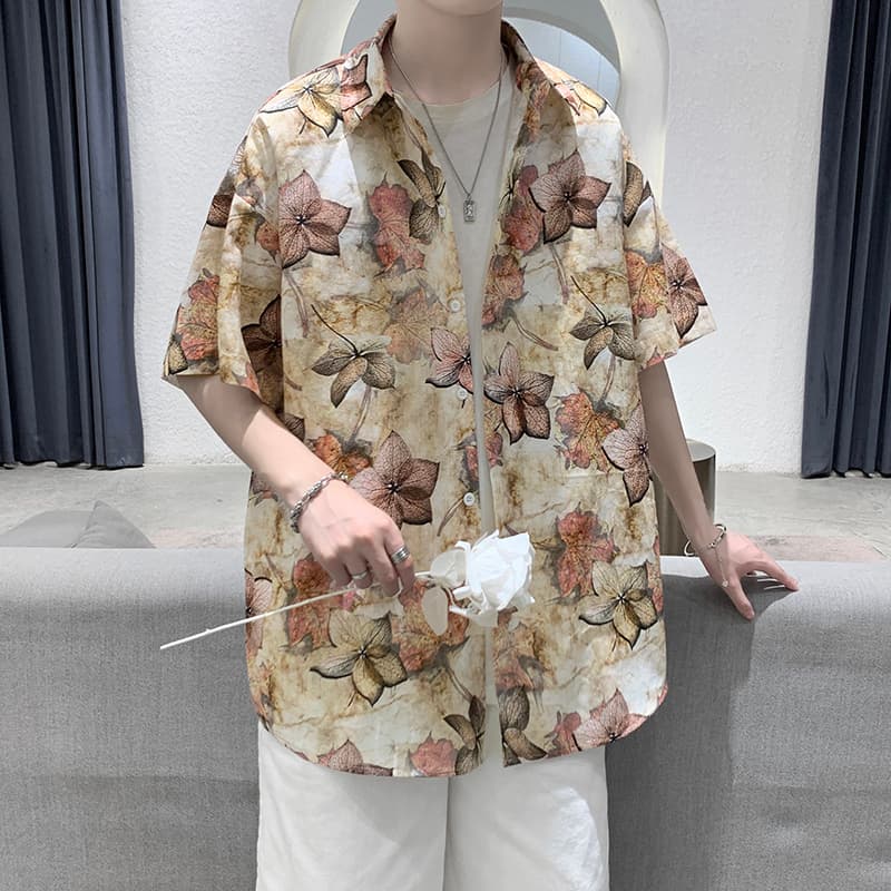 シャツ メンズ 柄シャツ 落ち葉模様の芸術半袖シャツ