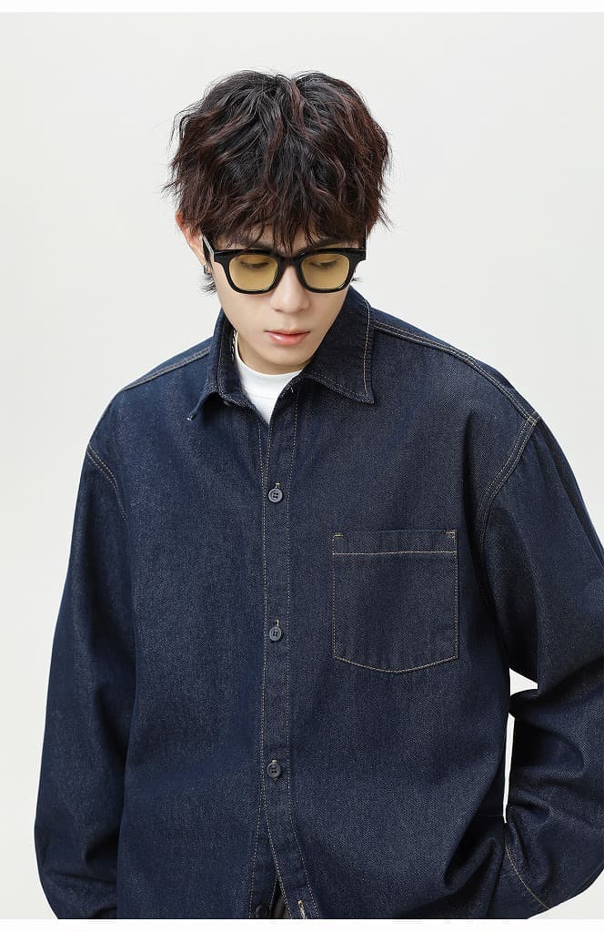 メンズ シャツ 秋新作 ヴィンテージ風 水洗い加工 デニムシャツ 長袖 全3色