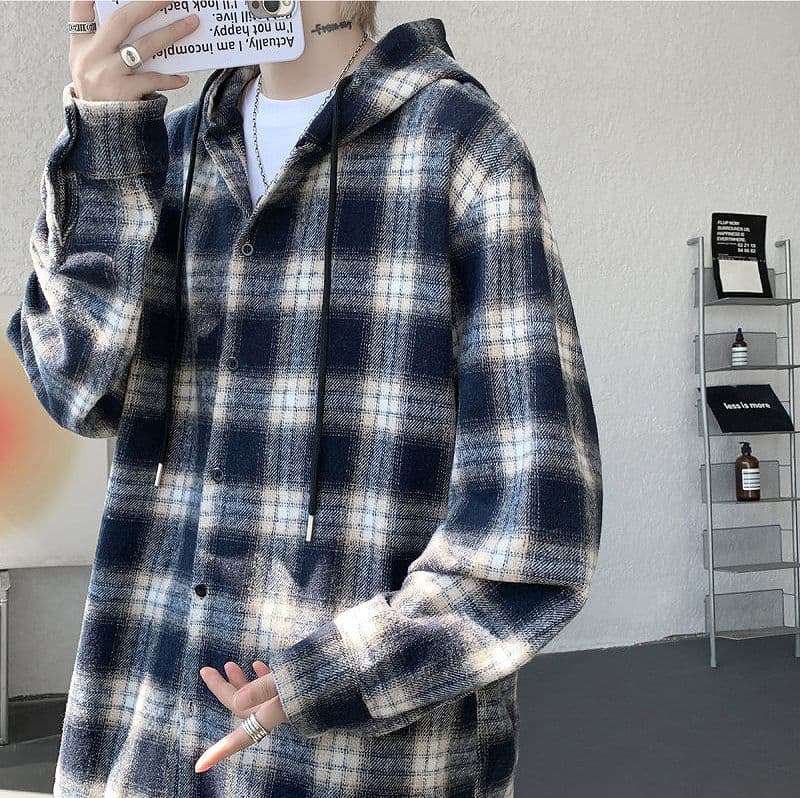 メンズ シャツ メンズ フード付きチェック柄長袖シャツ
