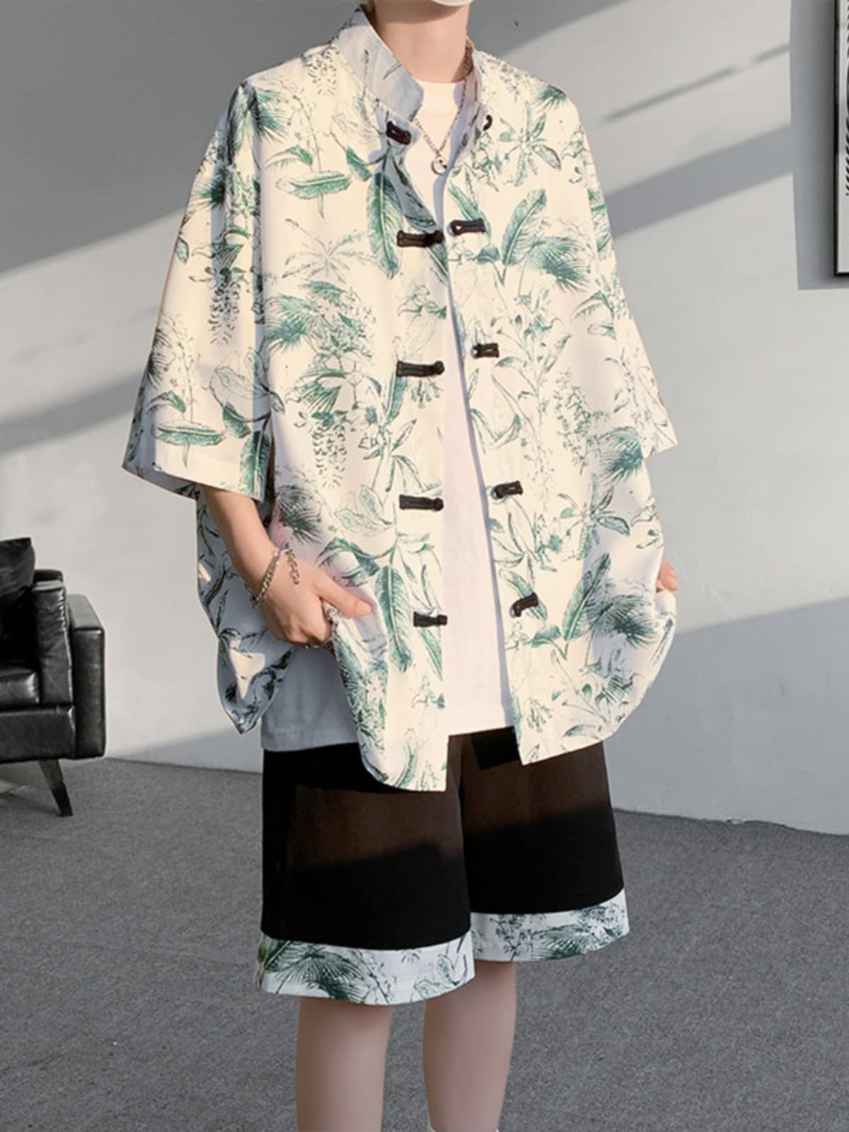 シャツ メンズ 柄シャツ 和風ボタニカル半袖柄シャツ