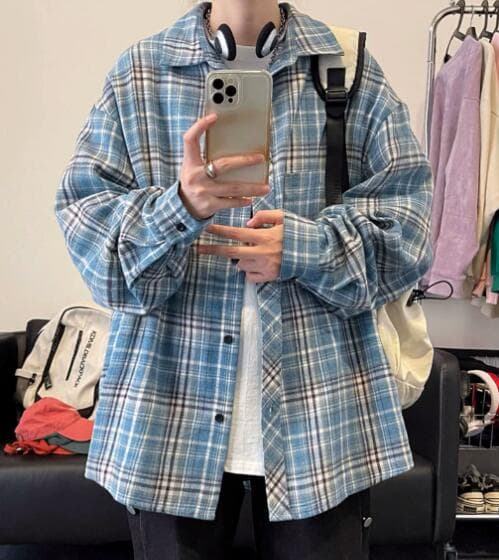 メンズ シャツ メンズ 長袖チェックシャツ ブルー系カジュアルトップス