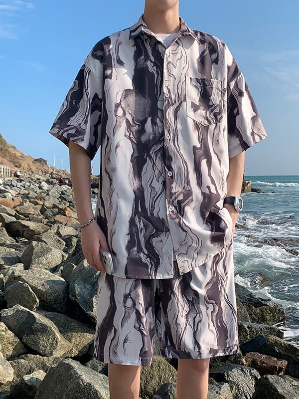 シャツ メンズ 柄シャツ 大理石模様の夏季セットアップシャツ