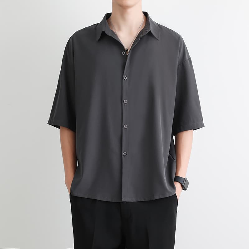 シャツ メンズ 洗練シルエット 半袖スタンドカラーシャツ
