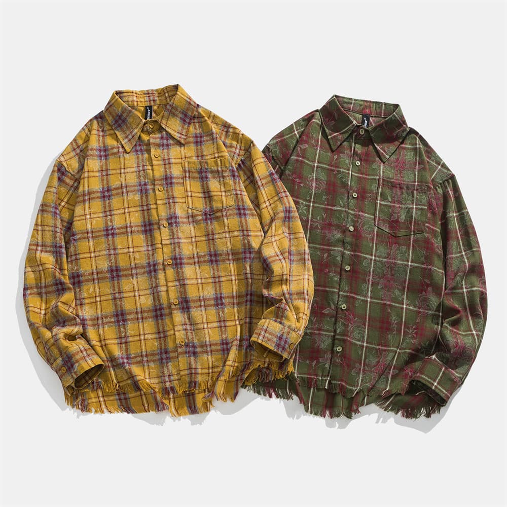 メンズ シャツ メンズ チェック柄シャツ フリンジ付き カジュアル 長袖