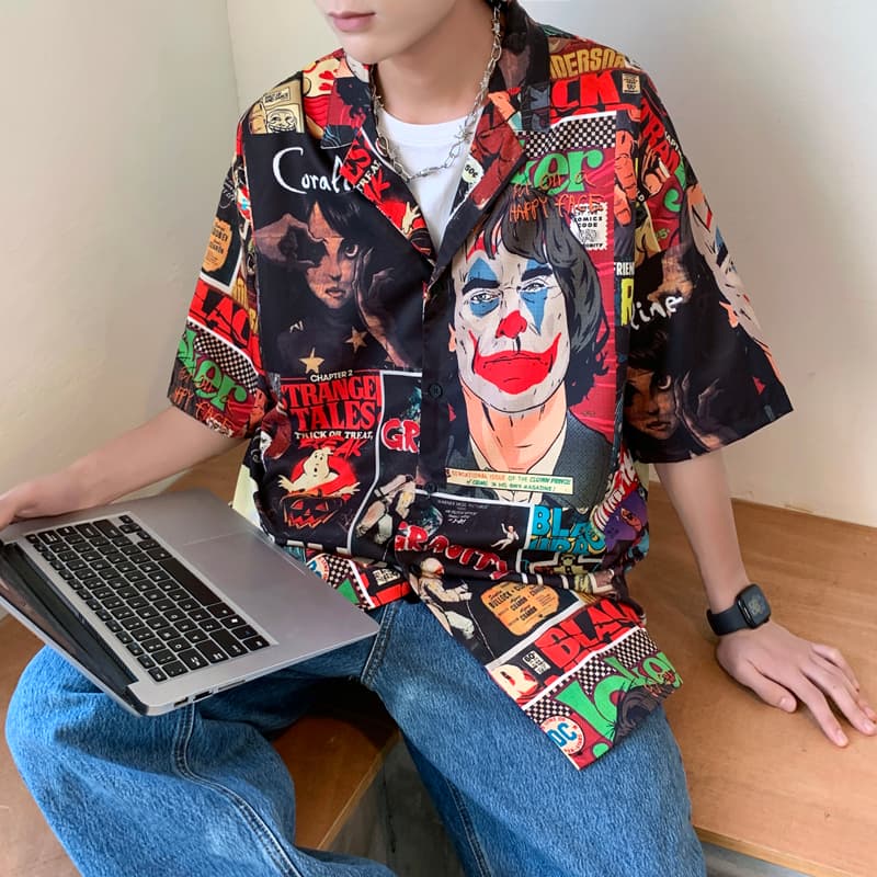 シャツ メンズ 柄シャツ ストリートコミック総柄開襟シャツ