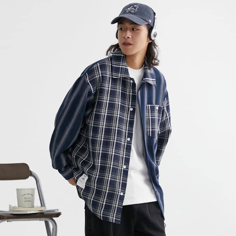シャツ メンズ メンズ 切り替えデザイン柄シャツ 長袖 ネイビー 春夏新作
