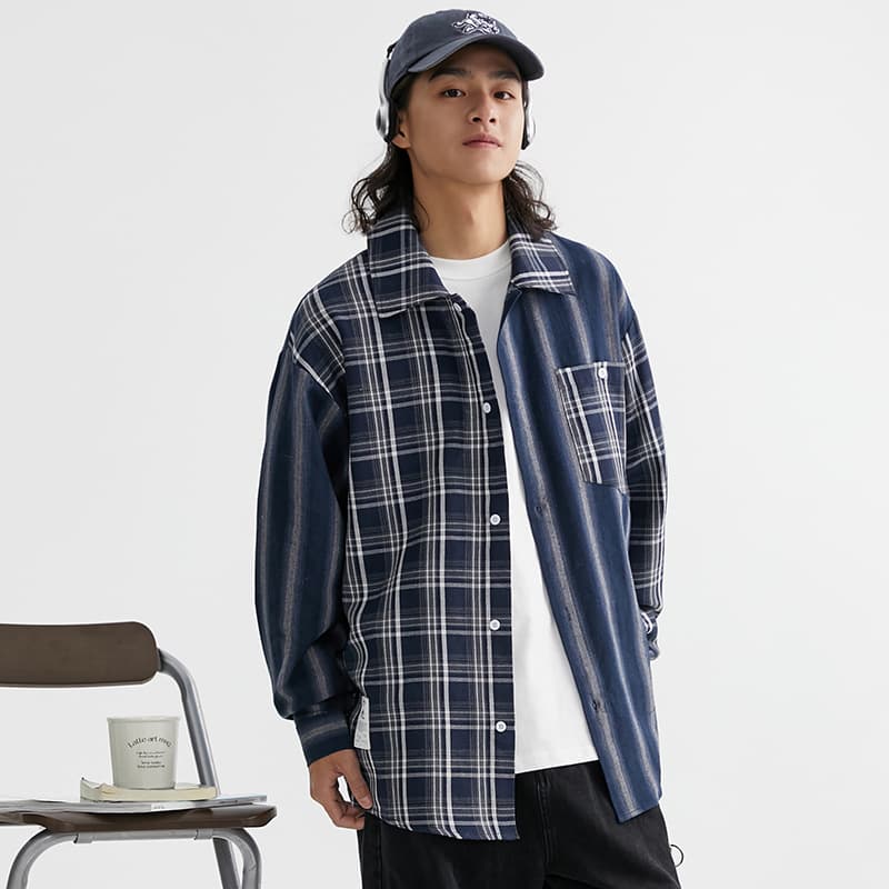 シャツ メンズ メンズ 切り替えデザイン柄シャツ 長袖 ネイビー 春夏新作