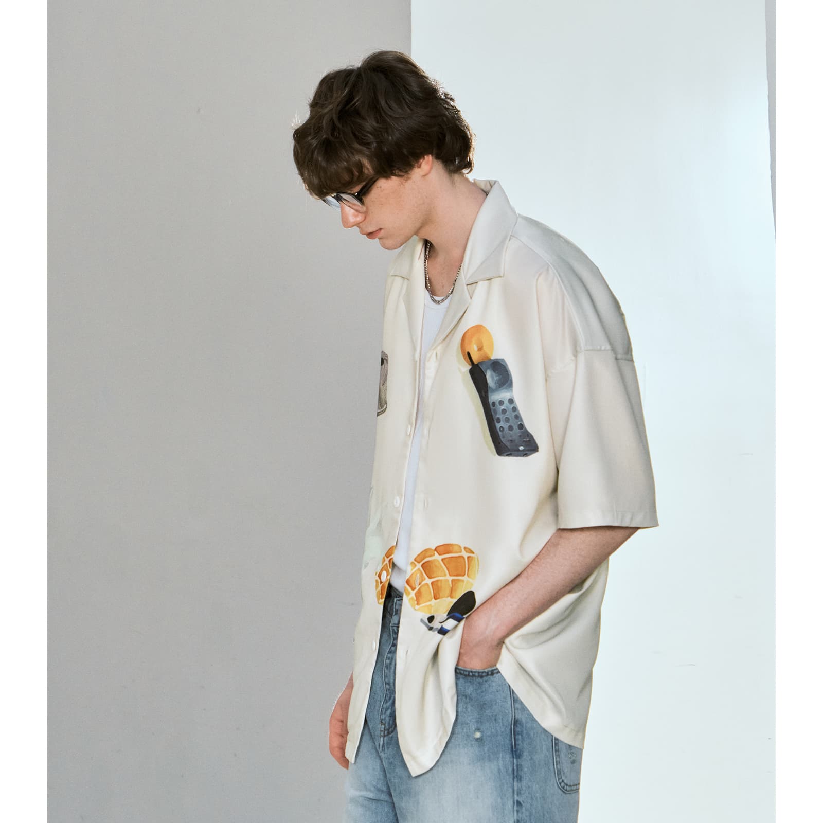 シャツ メンズ 柄シャツ レトロ家電イラスト柄開襟シャツ