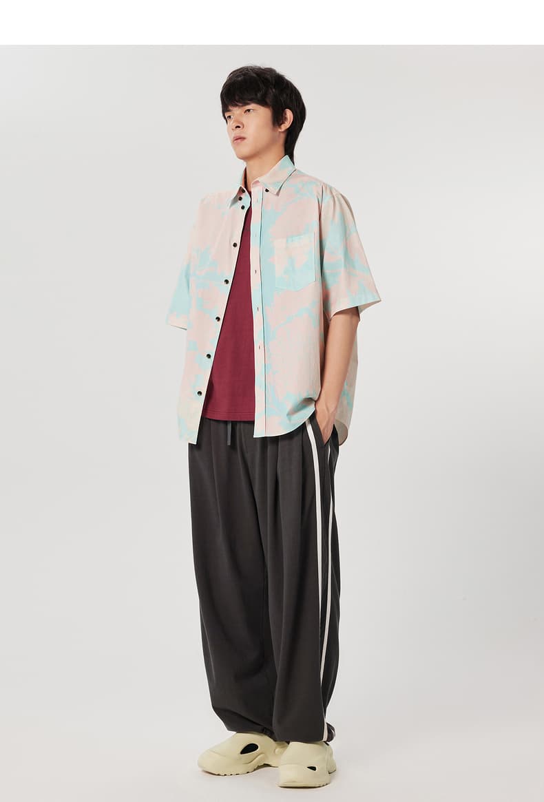 シャツ メンズ 柄シャツ 葉影模様の半袖ゆったりシャツ