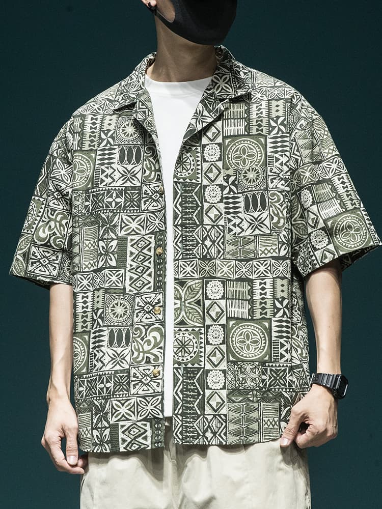 シャツ メンズ アロハシャツ 伝統紋様オープンカラーアロハシャツ