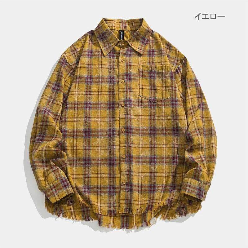 メンズ シャツ メンズ チェック柄シャツ フリンジ付き カジュアル 長袖