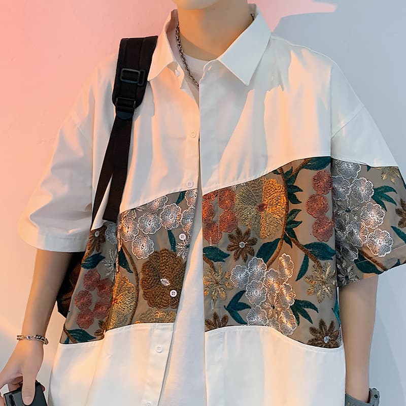 シャツ メンズ 柄シャツ 花模様切替半袖シャツ
