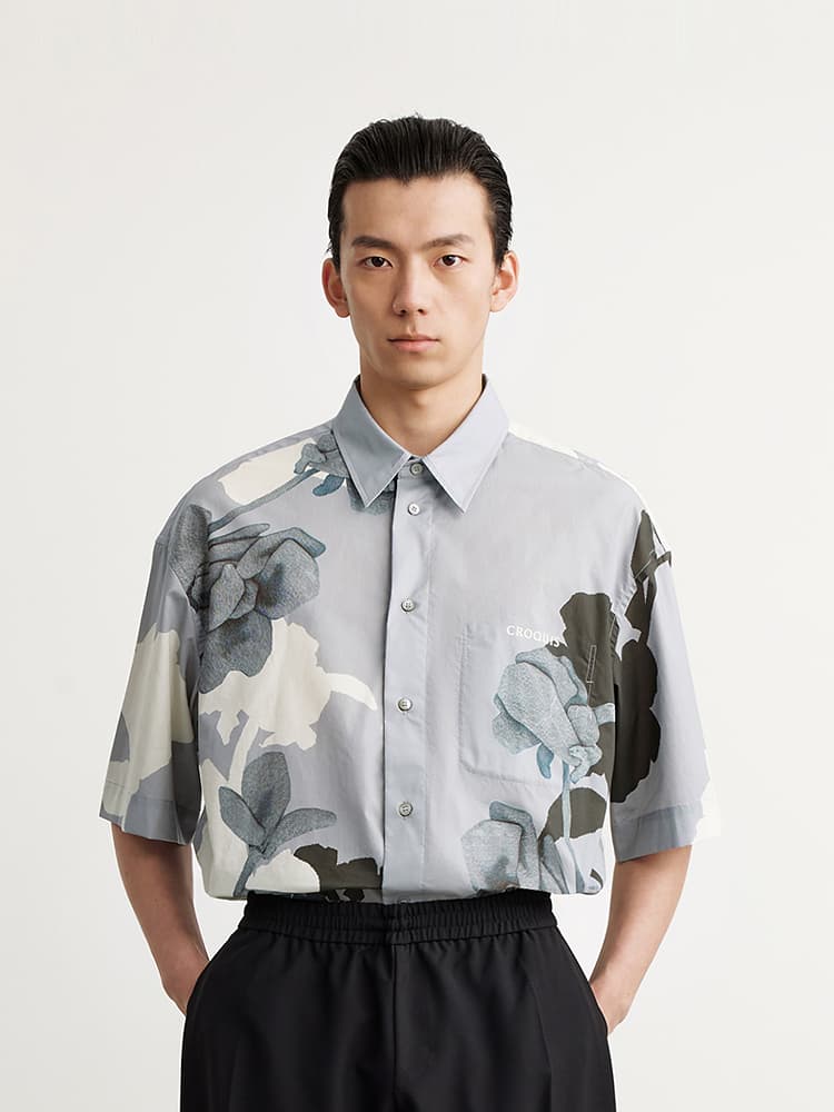 シャツ メンズ 柄シャツ 墨絵風花柄五分袖シャツ