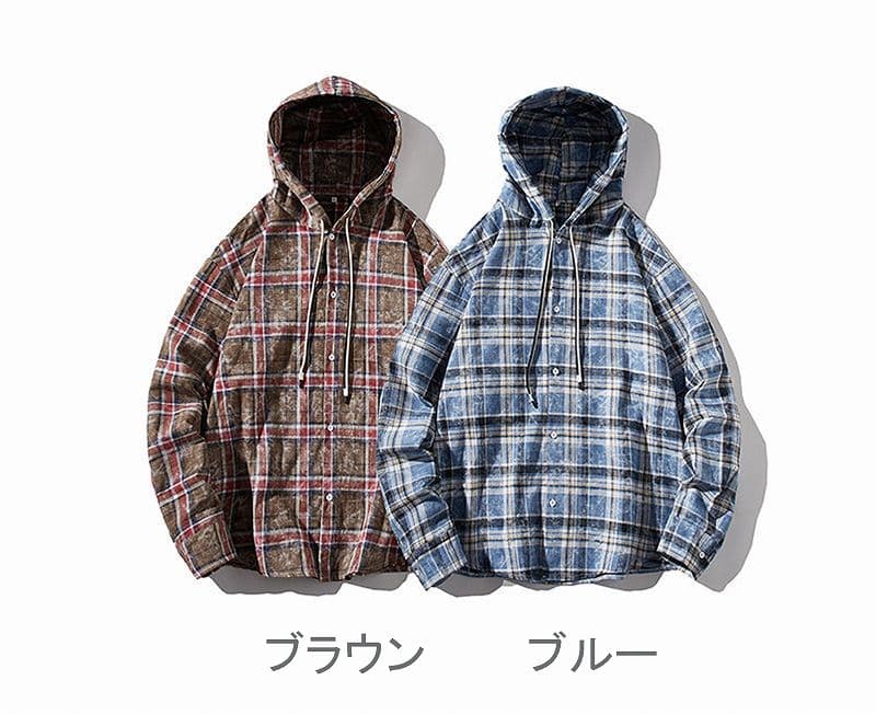 メンズ シャツ メンズ フード付きチェック柄長袖シャツ