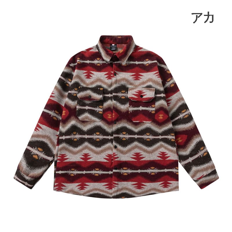 メンズ シャツ メンズ エスニック風長袖柄シャツ 幾何学柄 秋冬新作