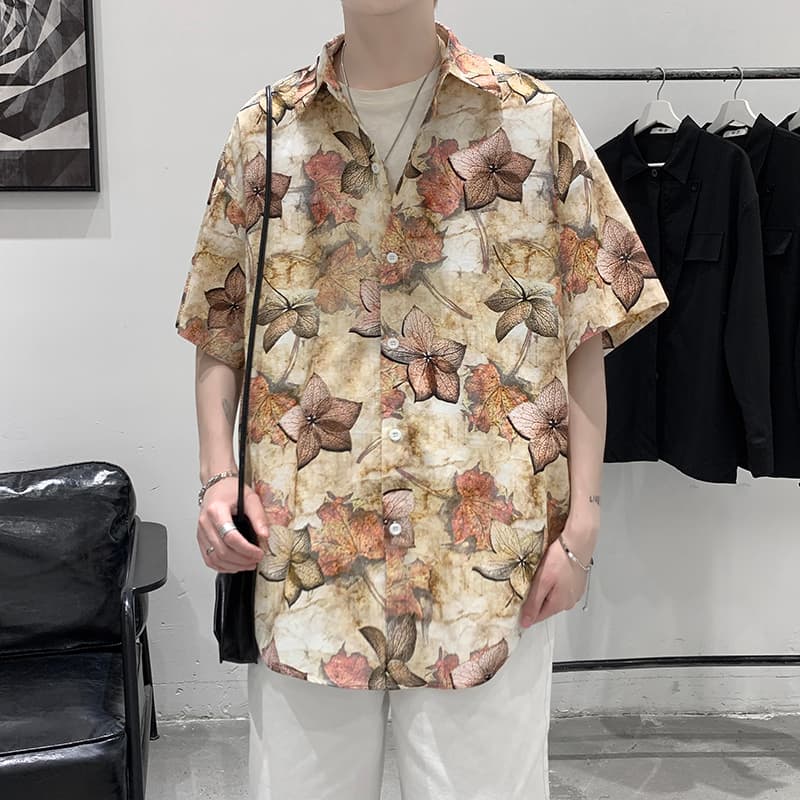シャツ メンズ 柄シャツ 落ち葉模様の芸術半袖シャツ