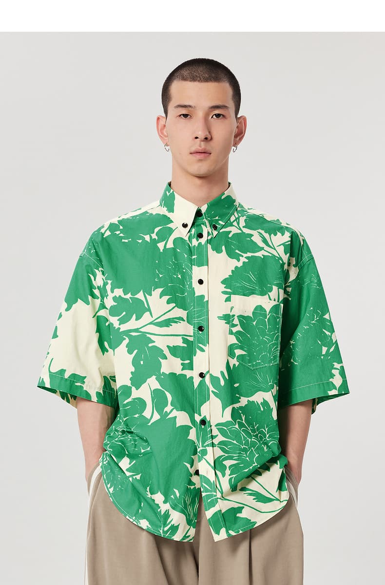 シャツ メンズ 柄シャツ 葉影模様の半袖ゆったりシャツ