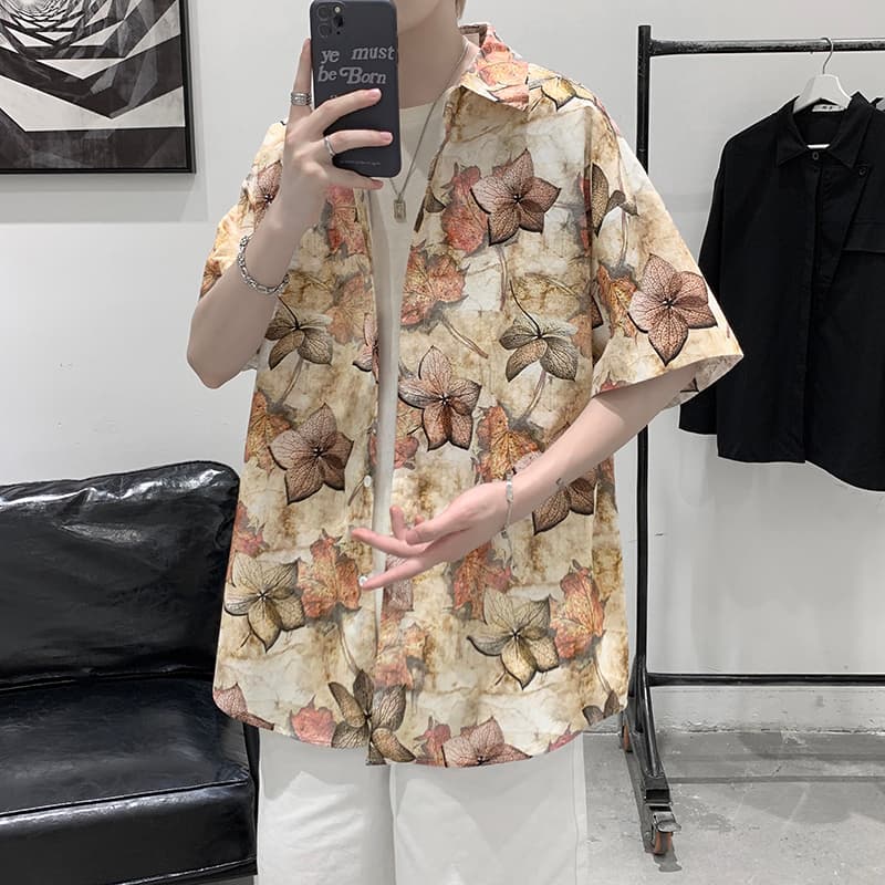 シャツ メンズ 柄シャツ 落ち葉模様の芸術半袖シャツ
