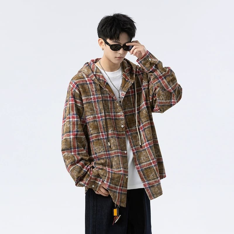 メンズ シャツ メンズ フード付きチェック柄長袖シャツ