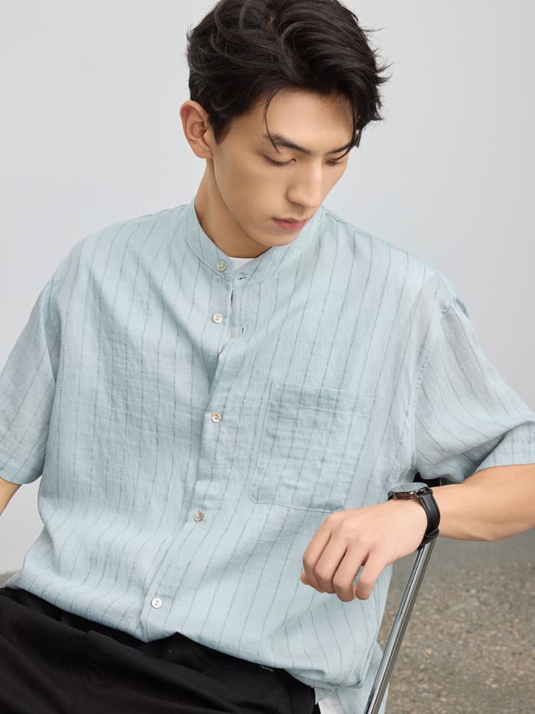 シャツ メンズ スタンドカラーシャツ 涼感ストライプ半袖