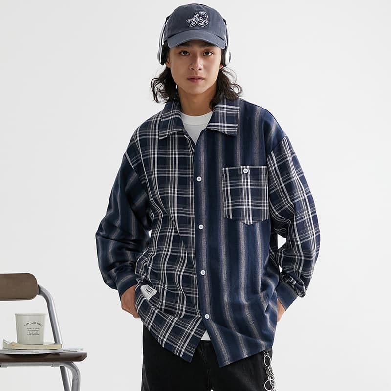 シャツ メンズ メンズ 切り替えデザイン柄シャツ 長袖 ネイビー 春夏新作