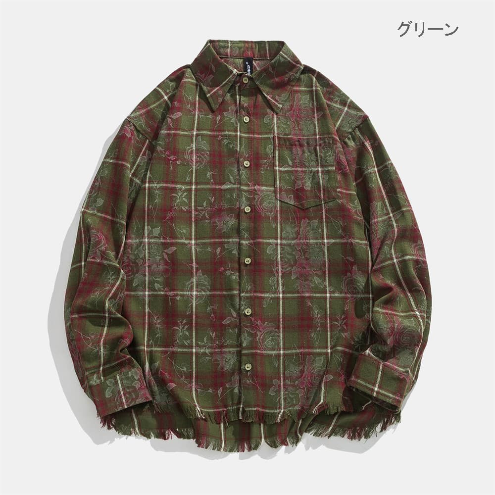 メンズ シャツ メンズ チェック柄シャツ フリンジ付き カジュアル 長袖